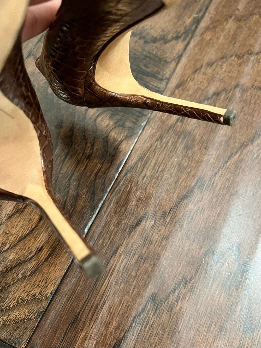 Alexandre Birman Brown Croc-Embossed Pointed Toe Stiletto Pumps